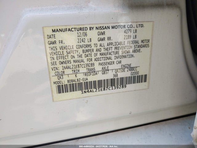 2007 Nissan Altima 2.5 S მანქანა იყიდება აუქციონზე, vin: 1N4AL21E87C139289, აუქციონის ნომერი: 44980224
