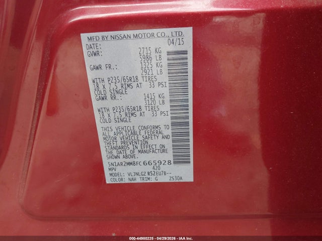 44980225 :رقم المزاد ، 5N1AR2MM8FC665928 vin ، 2015 Nissan Pathfinder Sl مزاد بيع
