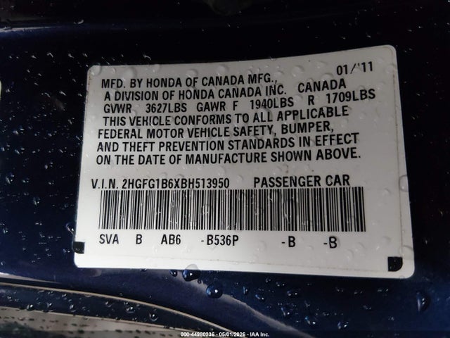 44980236 :رقم المزاد ، 2HGFG1B6XBH513950 vin ، 2011 Honda Civic Lx مزاد بيع