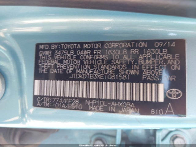 JTDKDTB3XE1081581 Toyota Prius C Three