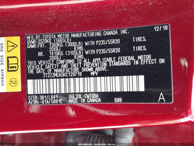 Aukcja sprzedaży 2019 Lexus Rx 350, vin: 2T2ZZMCA5KC129719, numer aukcji: 44980253