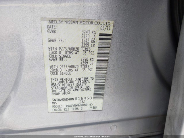Aukcja sprzedaży 2011 Nissan Armada Sl, vin: 5N1BA0ND4BN616450, numer aukcji: 44980258