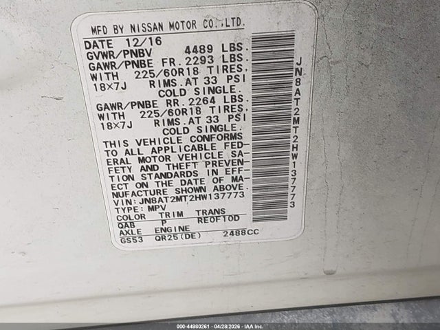 Продаж на аукціоні авто 2017 Nissan Rogue Sl, vin: JN8AT2MT2HW137773, номер лоту: 44980261
