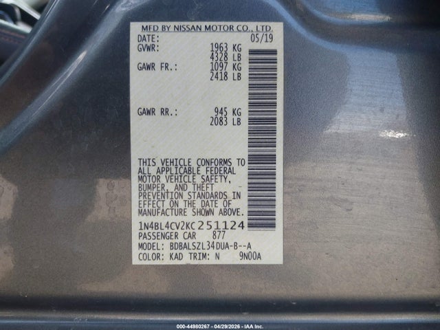 Nissan Altima 2.5 Sr 2019 1N4BL4CV2KC251124 Image 9