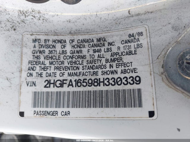 Продаж на аукціоні авто 2008 Honda Civic Lx, vin: 2HGFA16598H330339, номер лоту: 44980268