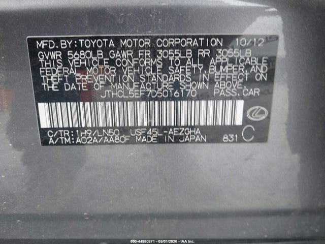 Aukcja sprzedaży 2013 Lexus Ls 460, vin: JTHCL5EF7D5016170, numer aukcji: 44980271