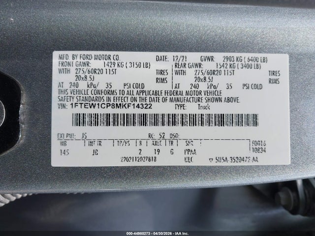 2021 Ford F-150 Xl მანქანა იყიდება აუქციონზე, vin: 1FTEW1CP8MKF14322, აუქციონის ნომერი: 44980273