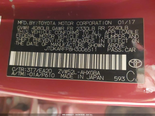 2017 Toyota Prius Prime Advanced მანქანა იყიდება აუქციონზე, vin: JTDKARFP8H3006511, აუქციონის ნომერი: 44980277