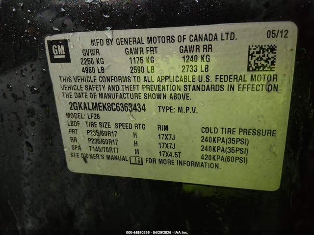 Aukcja sprzedaży 2012 Gmc Terrain Sle-1, vin: 2GKALMEK8C6363434, numer aukcji: 44980295