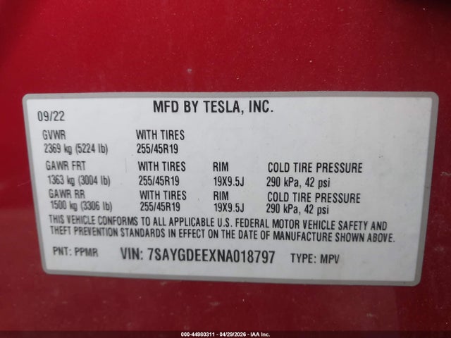 2022 Tesla Model Y Long Range Dual Motor All-wheel Drive მანქანა იყიდება აუქციონზე, vin: 7SAYGDEEXNA018797, აუქციონის ნომერი: 44980311