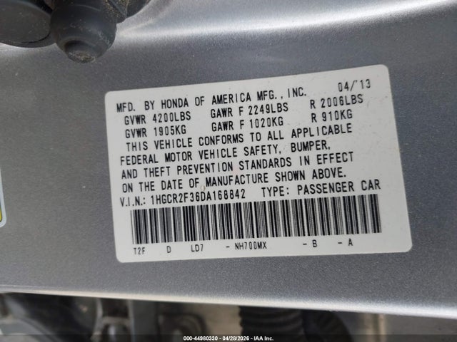 2013 Honda Accord Lx მანქანა იყიდება აუქციონზე, vin: 1HGCR2F36DA168842, აუქციონის ნომერი: 44980330