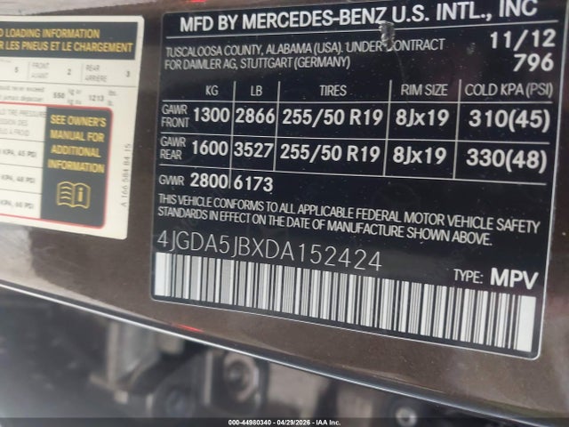 Aukcja sprzedaży 2013 Mercedes-benz Ml 350, vin: 4JGDA5JBXDA152424, numer aukcji: 44980340