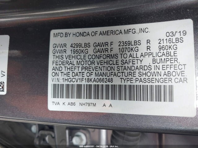 Aukcja sprzedaży 2019 Honda Accord Lx, vin: 1HGCV1F18KA066248, numer aukcji: 44980351