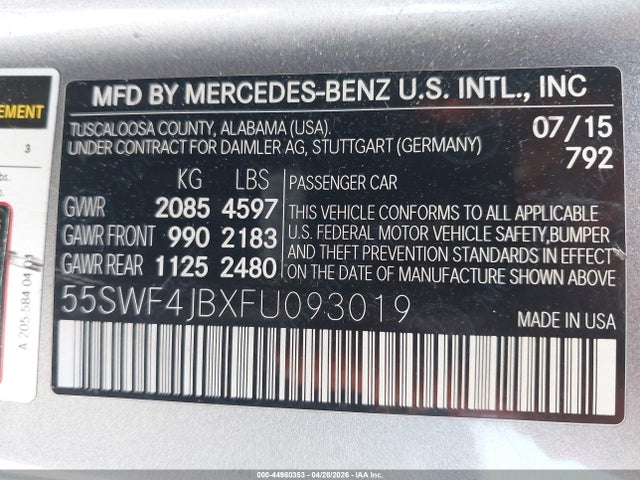 44980353 :رقم المزاد ، 55SWF4JBXFU093019 vin ، 2015 Mercedes-benz C 300 مزاد بيع