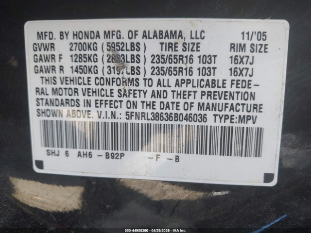 2006 Honda Odyssey Ex-l მანქანა იყიდება აუქციონზე, vin: 5FNRL38636B046036, აუქციონის ნომერი: 44980360