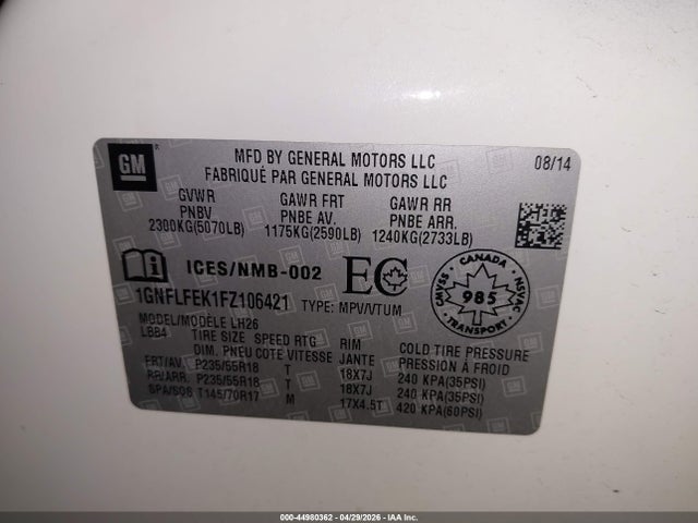 Продаж на аукціоні авто 2015 Chevrolet Equinox 1lt, vin: 1GNFLFEK1FZ106421, номер лоту: 44980362