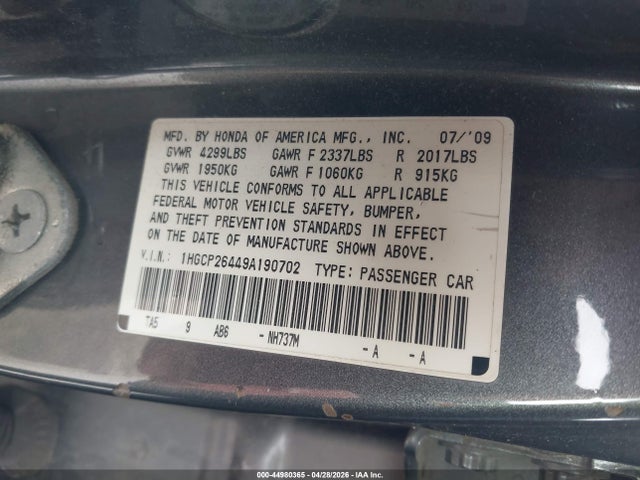 44980365 :رقم المزاد ، 1HGCP26449A190702 vin ، 2009 Honda Accord 2.4 Lx-p مزاد بيع