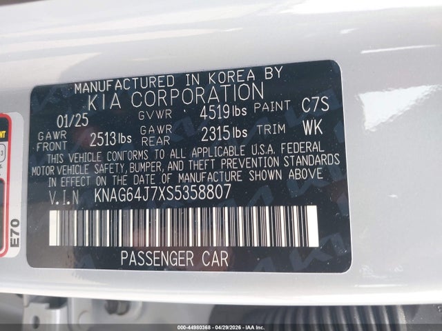 Продажа на аукционе авто 2025 Kia K5 Gt-line, vin: KNAG64J7XS5358807, номер лота: 44980368