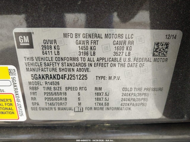 2015 Buick Enclave Convenience მანქანა იყიდება აუქციონზე, vin: 5GAKRAKD4FJ251225, აუქციონის ნომერი: 44980378