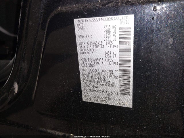 44980381 :رقم المزاد ، 5N1DR2MN1KC631331 vin ، 2019 Nissan Pathfinder S مزاد بيع