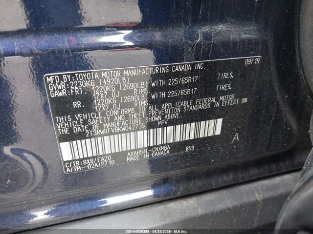 2019 Toyota Rav4 Hybrid Xle მანქანა იყიდება აუქციონზე, vin: 2T3RWRFV8KW042735, აუქციონის ნომერი: 44980389