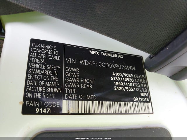 Продажа на аукционе авто 2019 Mercedes-benz Sprinter 2500 Standard Roof V6, vin: WD4PF0CD5KP024984, номер лота: 44980392