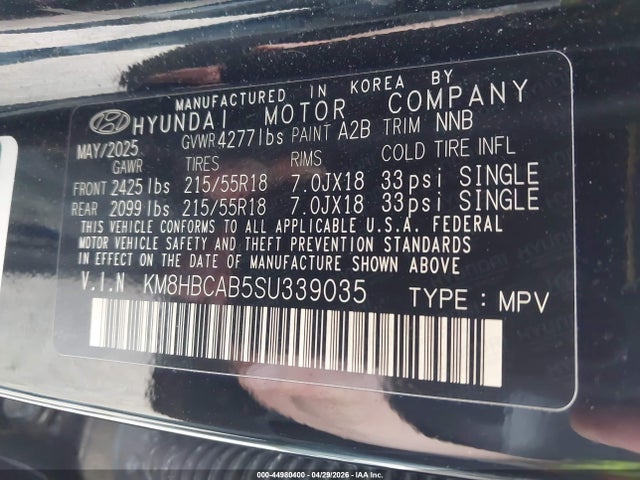 44980400 :رقم المزاد ، KM8HBCAB5SU339035 vin ، 2025 Hyundai Kona Sel مزاد بيع