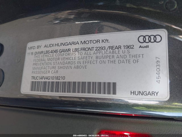 Продажа на аукционе авто 2016 Audi Tts 2.0t, vin: TRUC1AFV4G1018210, номер лота: 44980403