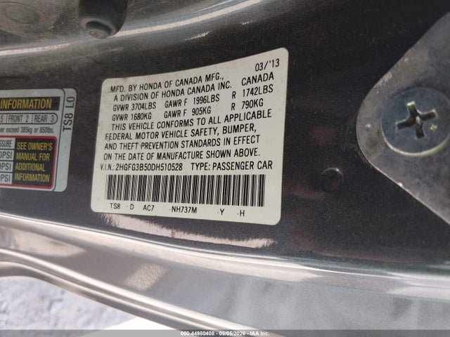 44980408 :رقم المزاد ، 2HGFG3B50DH510528 vin ، 2013 Honda Civic Lx مزاد بيع