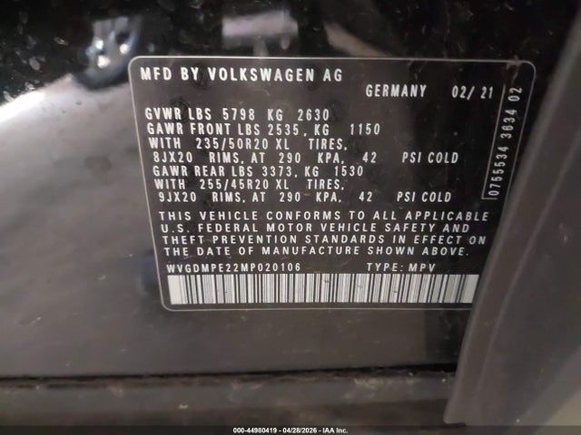 44980419 :رقم المزاد ، WVGDMPE22MP020106 vin ، 2021 Volkswagen Id.4 1st Edition مزاد بيع