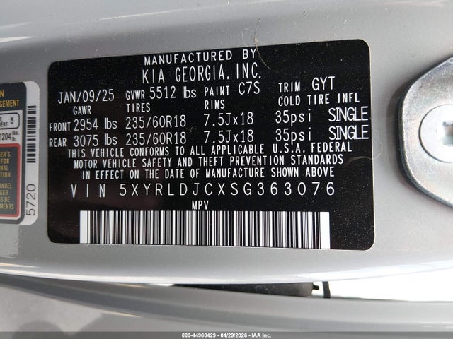 Продаж на аукціоні авто 2025 Kia Sorento S, vin: 5XYRLDJCXSG363076, номер лоту: 44980429