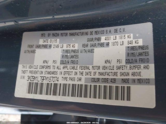 44980431 :رقم المزاد ، 3MZBM1L79FM187074 vin ، 2015 Mazda Mazda3 I Touring مزاد بيع