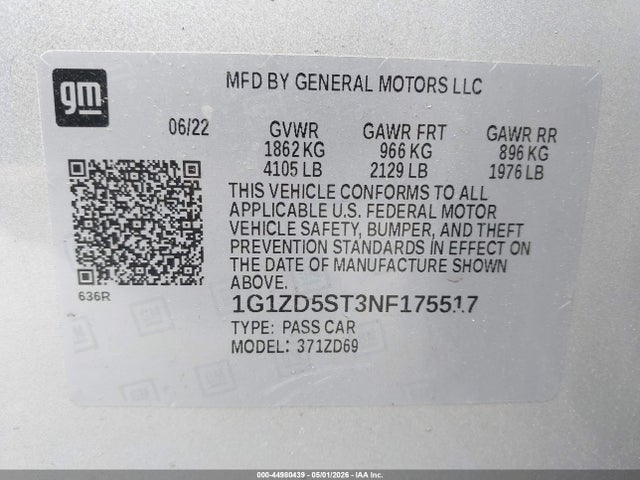 1G1ZD5ST3NF175517 Chevrolet Malibu Fwd Lt
