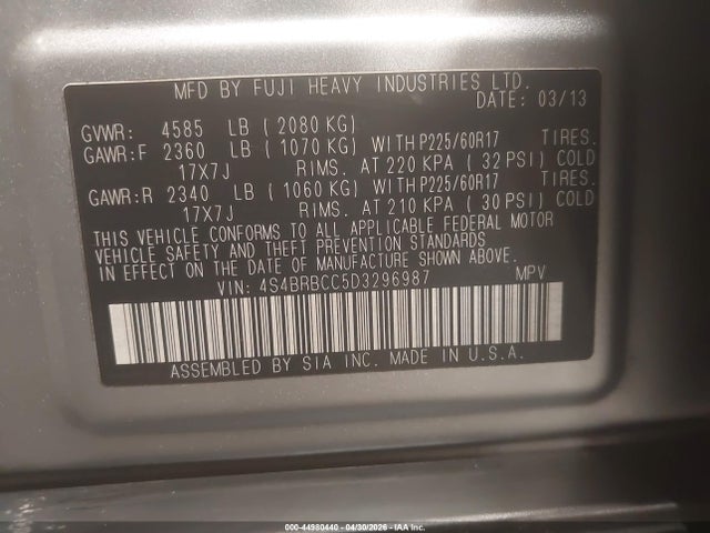 Aukcja sprzedaży 2013 Subaru Outback 2.5i Premium, vin: 4S4BRBCC5D3296987, numer aukcji: 44980440