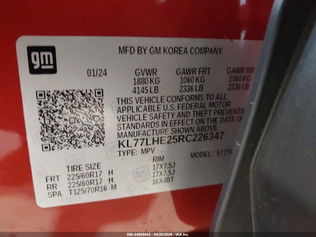 Продажа на аукционе авто 2024 Chevrolet Trax Fwd Lt, vin: KL77LHE25RC226347, номер лота: 44980443