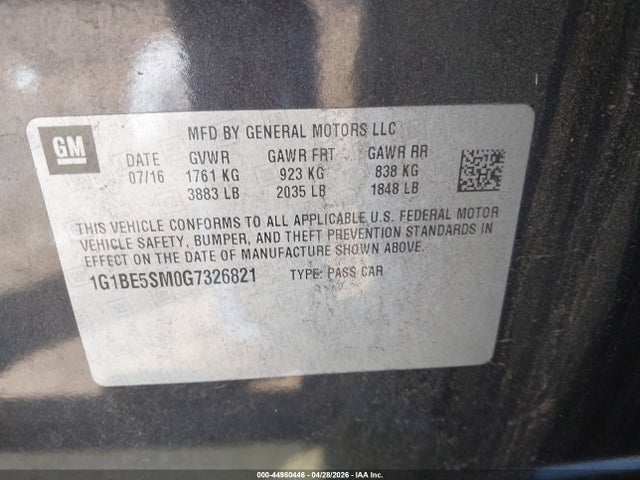 44980446 :رقم المزاد ، 1G1BE5SM0G7326821 vin ، 2016 Chevrolet Cruze Lt Auto مزاد بيع