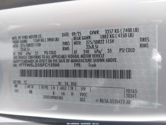 Продаж на аукціоні авто 2025 Ford F-150 Lariat, vin: 1FTFW5LD3SFC13500, номер лоту: 44980448