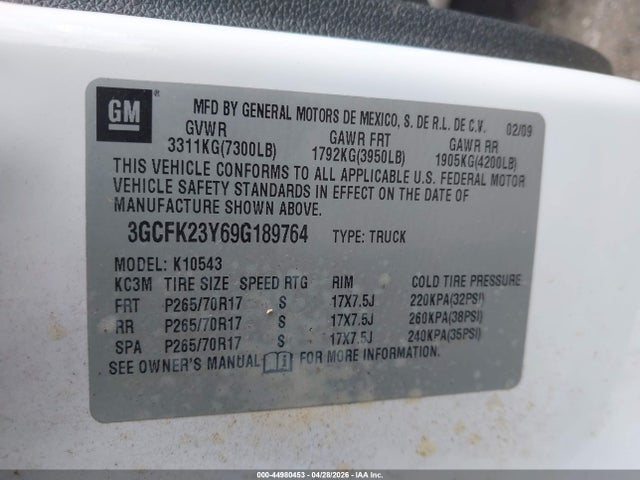 44980453 :رقم المزاد ، 3GCFK23Y69G189764 vin ، 2009 Chevrolet Silverado 1500 Lt مزاد بيع
