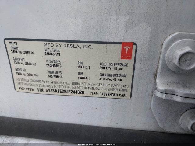 2018 Tesla Model S 100d/75d/p100d მანქანა იყიდება აუქციონზე, vin: 5YJSA1E28JF244326, აუქციონის ნომერი: 44980458