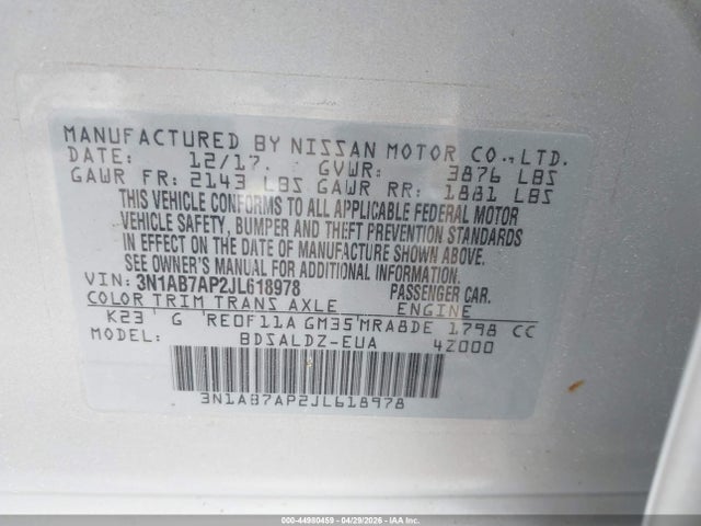 44980459 :رقم المزاد ، 3N1AB7AP2JL618978 vin ، 2018 Nissan Sentra Sv مزاد بيع