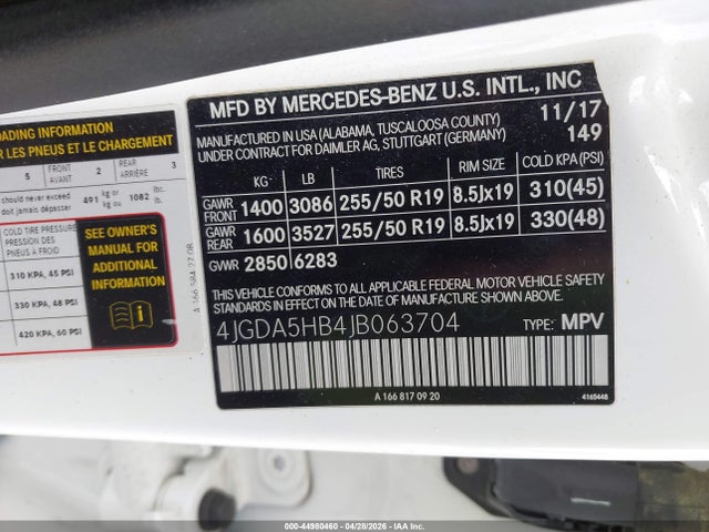 2018 Mercedes-benz Gle 350 4matic მანქანა იყიდება აუქციონზე, vin: 4JGDA5HB4JB063704, აუქციონის ნომერი: 44980460