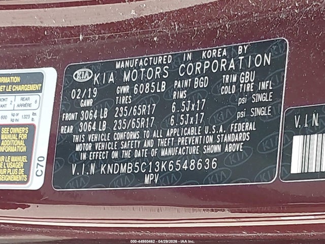 44980462 :رقم المزاد ، KNDMB5C13K6548636 vin ، 2019 Kia Sedona Lx مزاد بيع