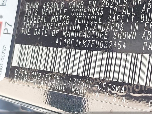 44980469 :رقم المزاد ، 4T1BF1FK7FU052454 vin ، 2015 Toyota Camry Se مزاد بيع