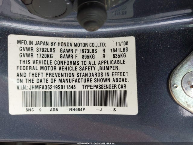 44980470 :رقم المزاد ، JHMFA36219S011848 vin ، 2009 Honda Civic Hybrid مزاد بيع