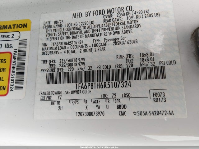 Aukcja sprzedaży 2024 Ford Mustang Ecoboost Fastback, vin: 1FA6P8TH6R5107324, numer aukcji: 44980474