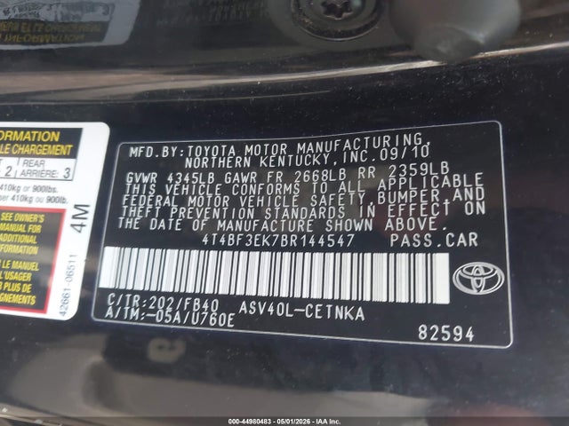 2011 Toyota Camry Le მანქანა იყიდება აუქციონზე, vin: 4T4BF3EK7BR144547, აუქციონის ნომერი: 44980483