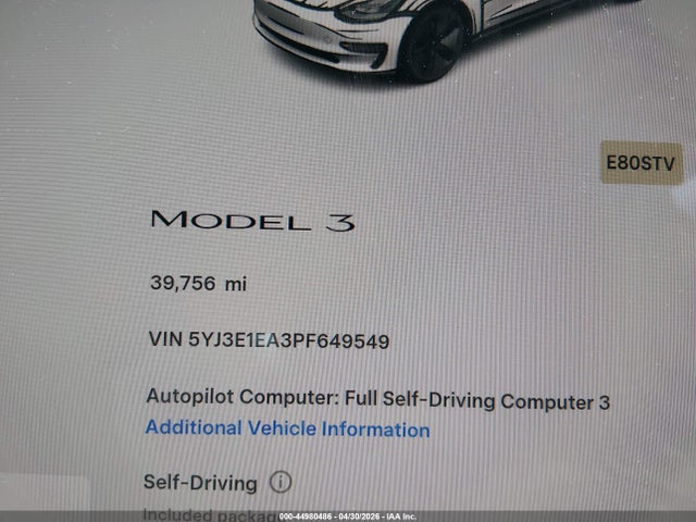 44980486 :رقم المزاد ، 5YJ3E1EA3PF649549 vin ، 2023 Tesla Model 3 Rear-wheel Drive مزاد بيع