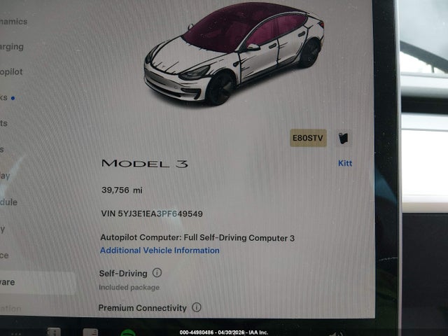 44980486 :رقم المزاد ، 5YJ3E1EA3PF649549 vin ، 2023 Tesla Model 3 Rear-wheel Drive مزاد بيع