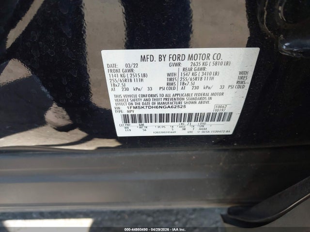 44980490 :رقم المزاد ، 1FMSK7DH6NGA62525 vin ، 2022 Ford Explorer Xlt مزاد بيع