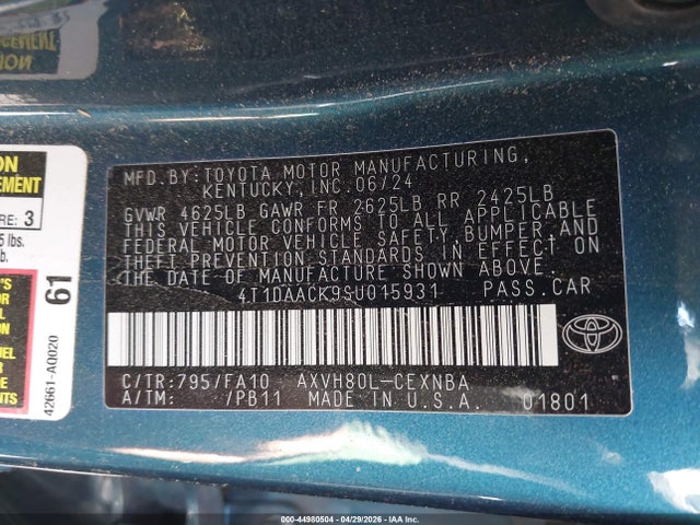 44980504 :رقم المزاد ، 4T1DAACK9SU015931 vin ، 2025 Toyota Camry Le مزاد بيع
